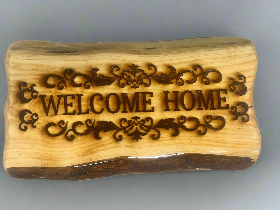 Welcome Home Wood Plaque with Epoxy Covered Scroll Work