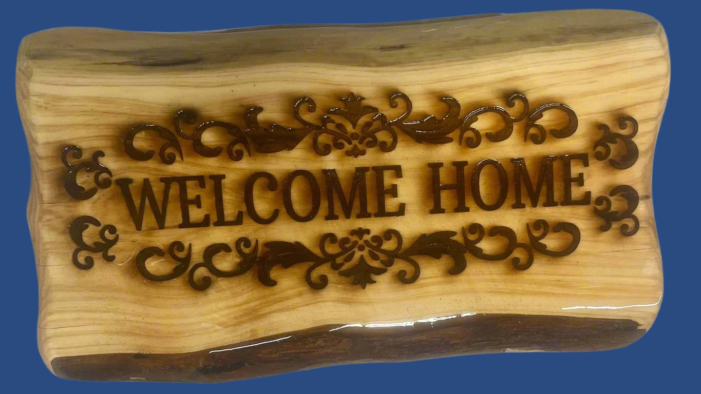 Welcome Home Wood Plaque with Epoxy Covered Scroll Work