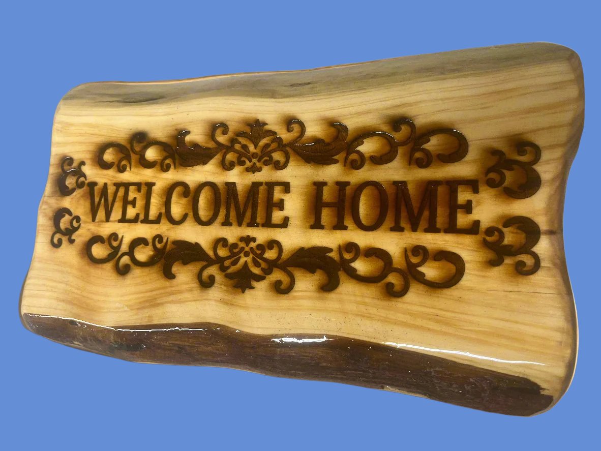 Welcome Home Wood Plaque with Epoxy Covered Scroll Work