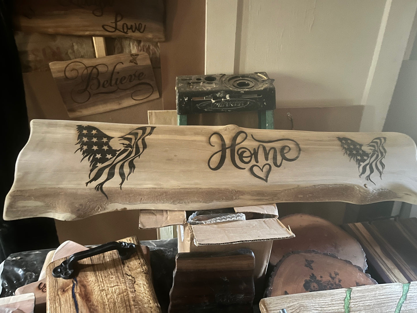 Live Edge Wood Home Rustic Wall Hangining with Eagle Flags