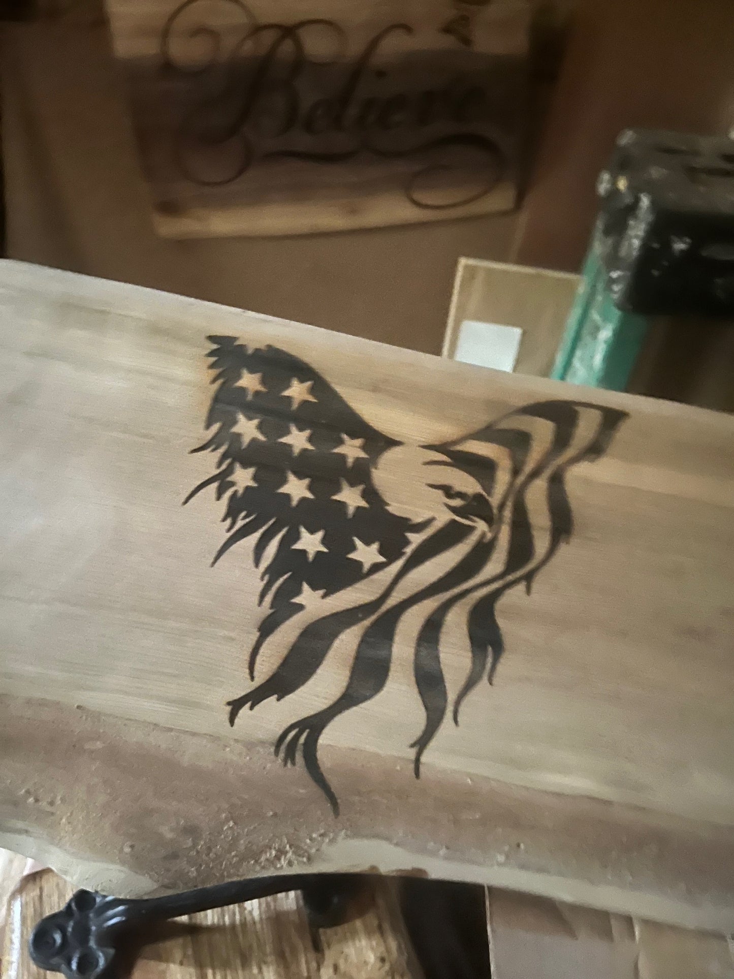 Live Edge Wood Home Rustic Wall Hangining with Eagle Flags