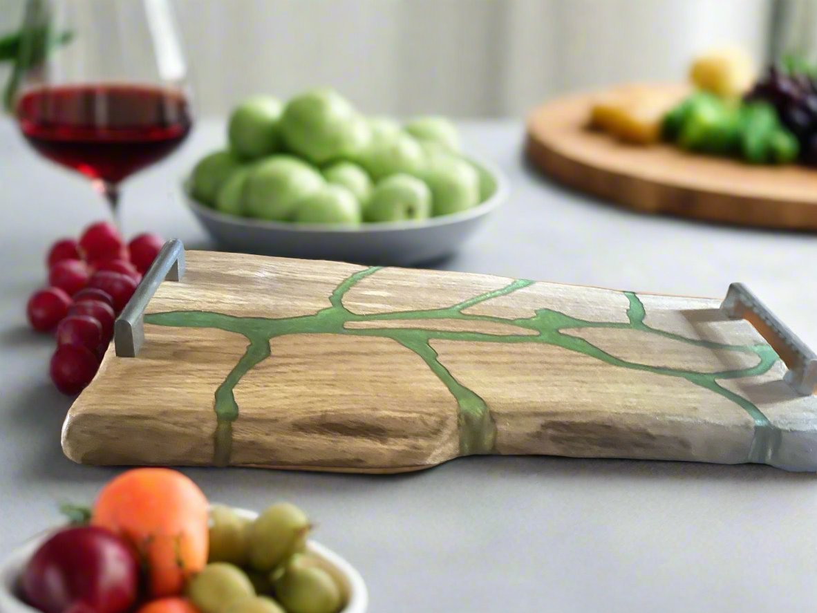 Live Edge Green Metalic Epoxy River Charcuterie Board